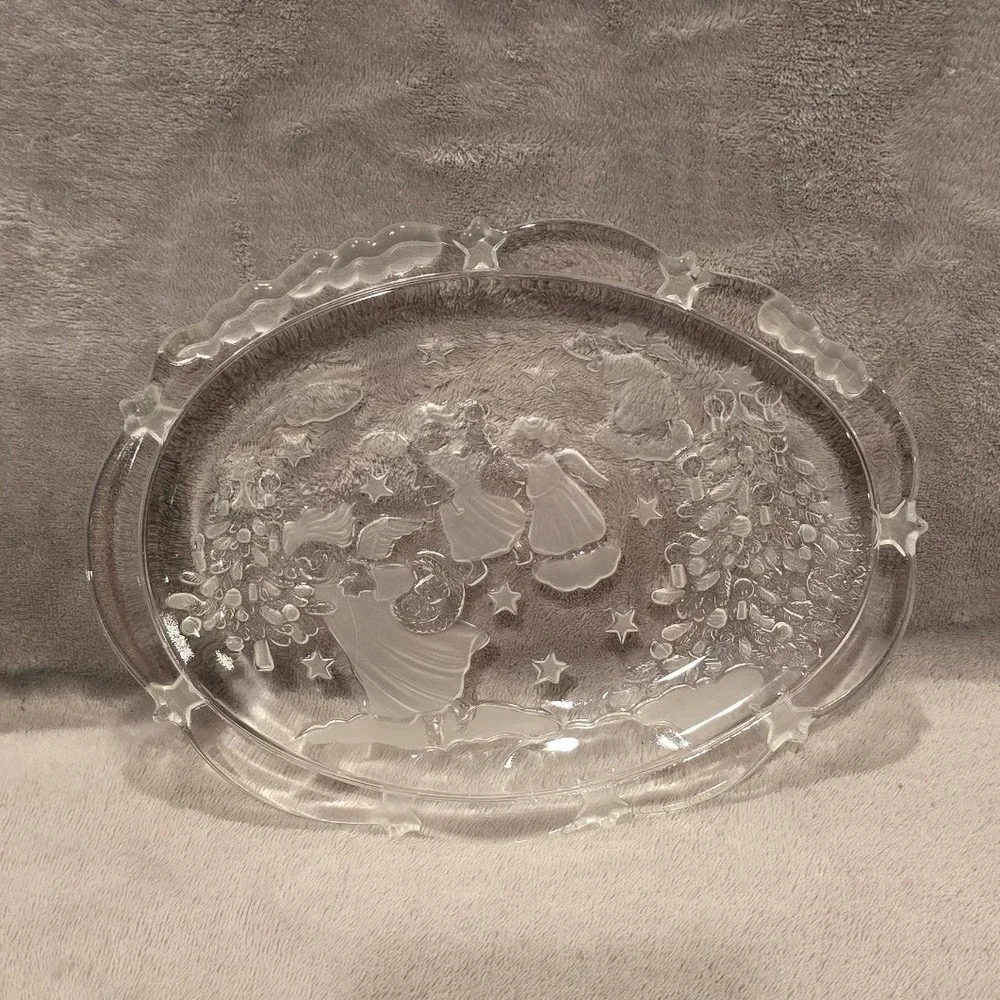 Vintage Christmas Angel Frosted Glass Oval Serving Platter Clear Star Rim Tray